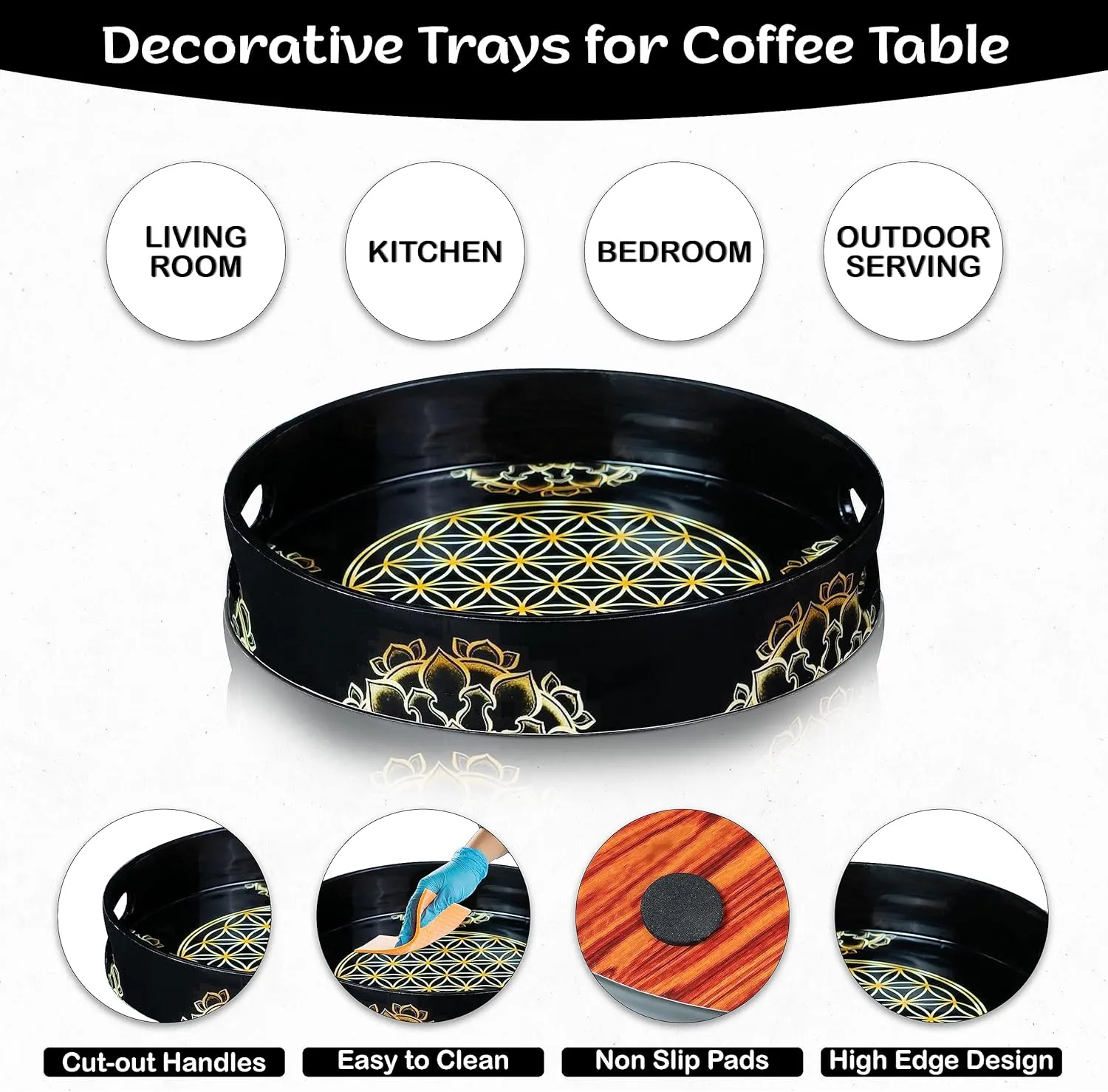 Crocon Round Wooden Serving Trays with Handles – Set of 2 Modern Ottoman Trays for Tea Breakfast Kitchen Bathroom and Bedroom Décor