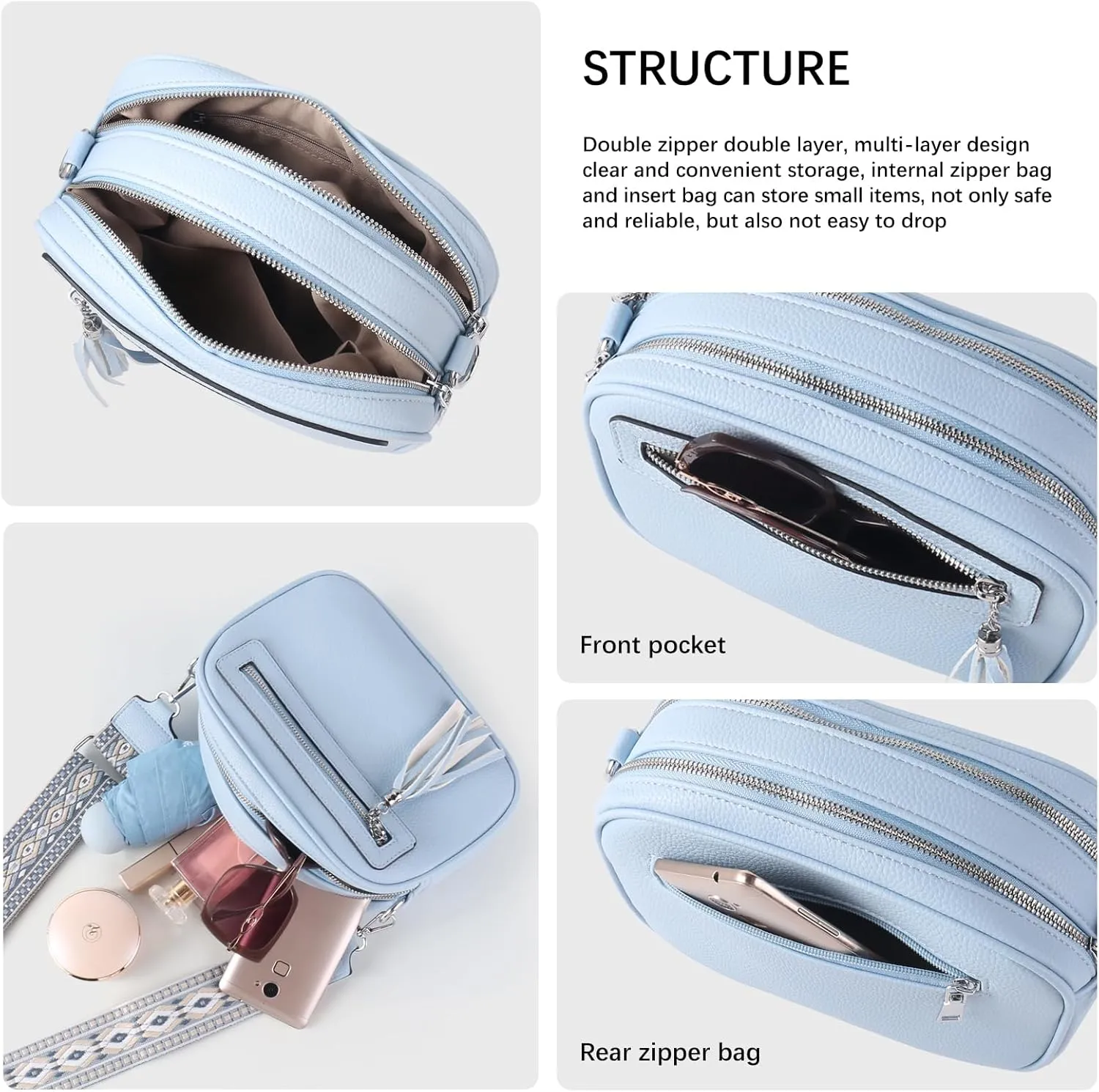 Crossbody Bag for Women Trendy Purse Small Shoulder Handbags with Wide Strap With Multi-compartment double zipper