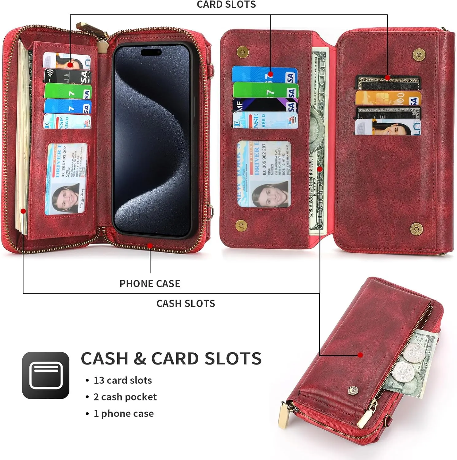 Crossbody Case for iPhone 16 Pro Max/16 Pro/16 Plus/16, Detachable Magnetic Card Bag Leather Cover Phone Case with Long Shoulder Strap,Red,16 Pro