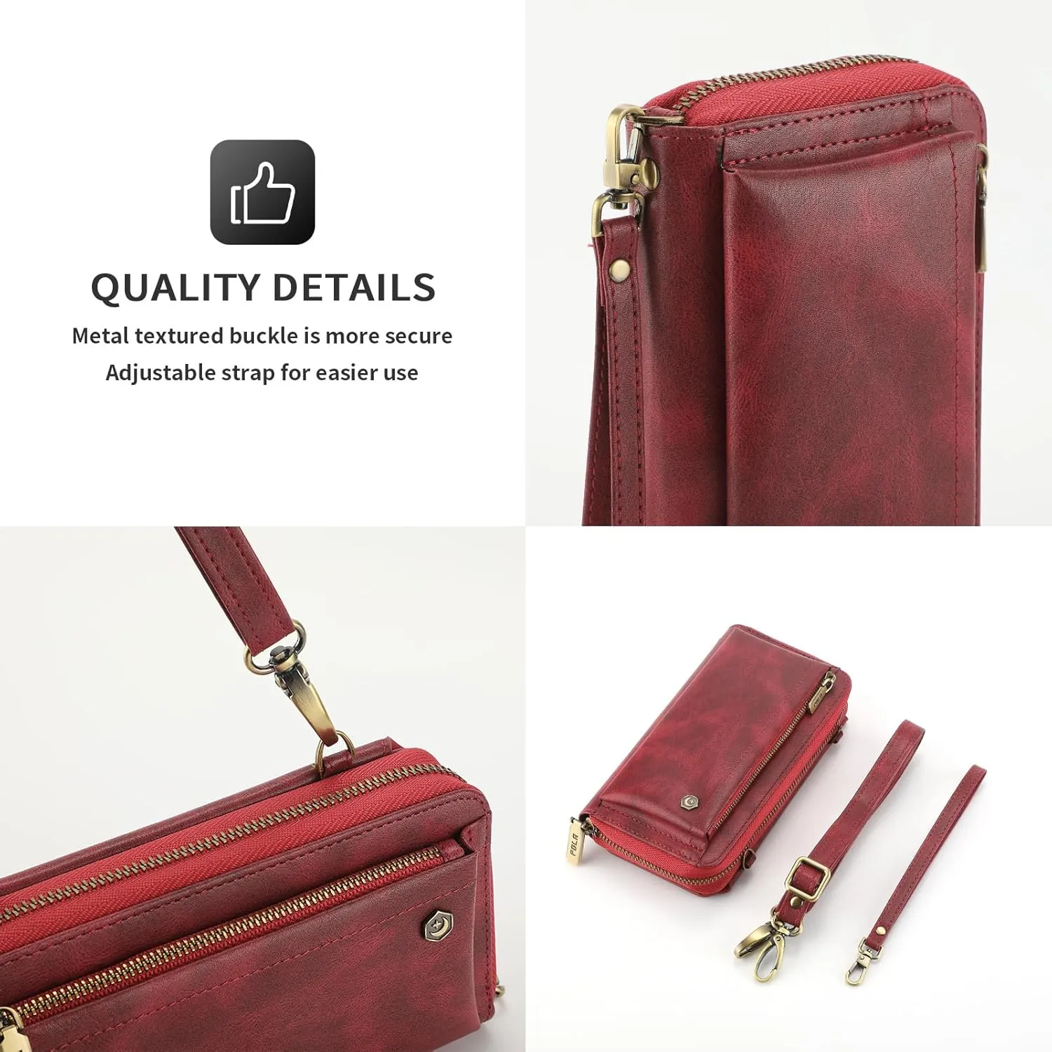 Crossbody Case for iPhone 16 Pro Max/16 Pro/16 Plus/16, Detachable Magnetic Card Bag Leather Cover Phone Case with Long Shoulder Strap,Red,16 Pro
