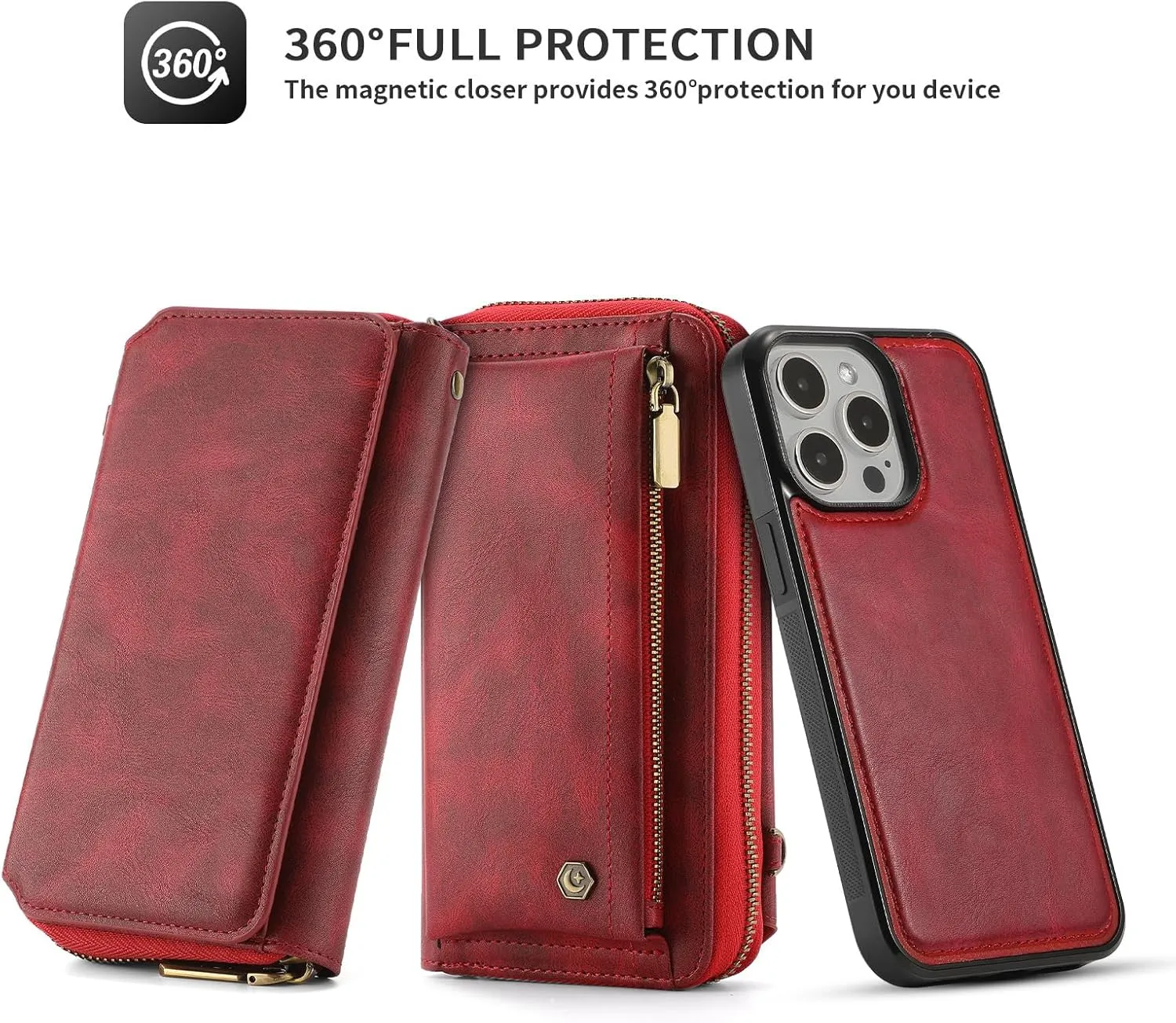 Crossbody Case for iPhone 16 Pro Max/16 Pro/16 Plus/16, Detachable Magnetic Card Bag Leather Cover Phone Case with Long Shoulder Strap,Red,16 Pro