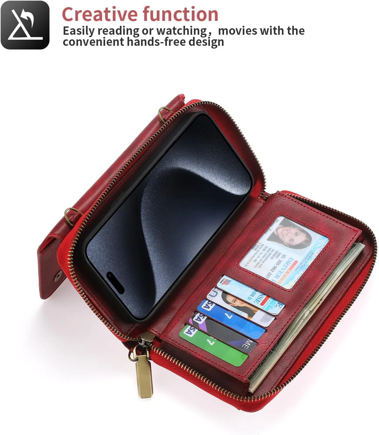 Crossbody Case for iPhone 16 Pro Max/16 Pro/16 Plus/16, Detachable Magnetic Card Bag Leather Cover Phone Case with Long Shoulder Strap,Red,16 Pro