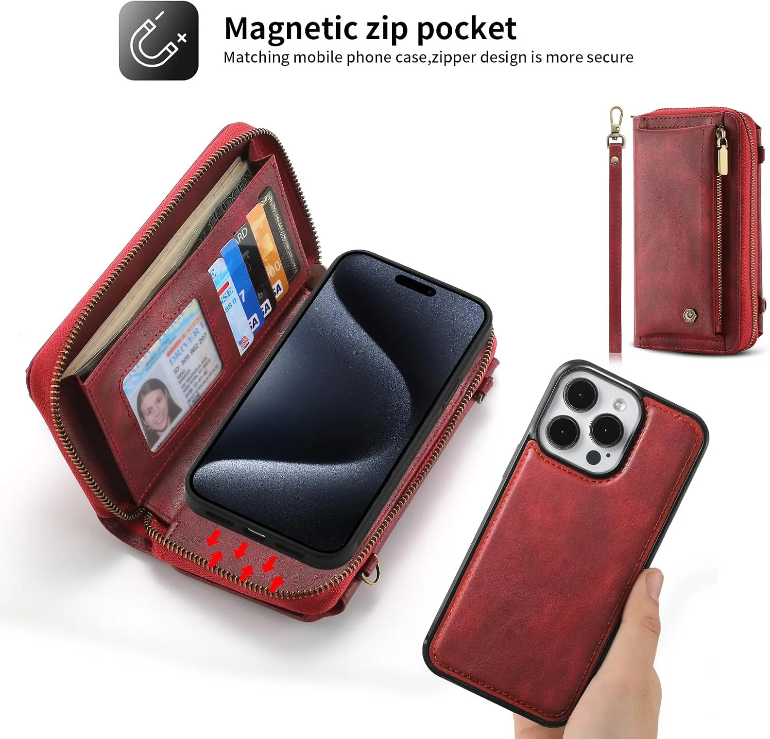 Crossbody Case for iPhone 16 Pro Max/16 Pro/16 Plus/16, Detachable Magnetic Card Bag Leather Cover Phone Case with Long Shoulder Strap,Red,16 Pro