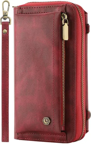 Crossbody Case for iPhone 16 Pro Max/16 Pro/16 Plus/16, Detachable Magnetic Card Bag Leather Cover Phone Case with Long Shoulder Strap,Red,16 Pro