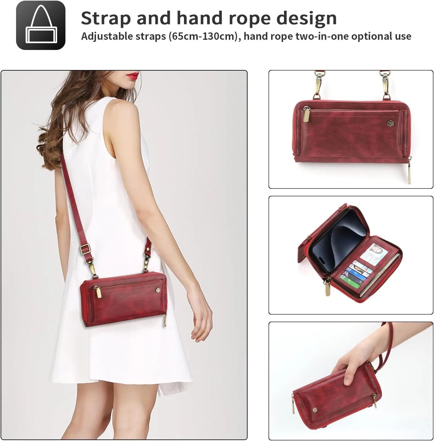 Crossbody Case for iPhone 16 Pro Max/16 Pro/16 Plus/16, Detachable Magnetic Card Bag Leather Cover Phone Case with Long Shoulder Strap,Red,16 Pro