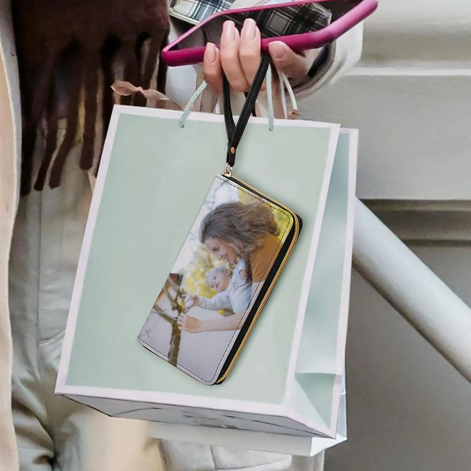 Custom Leather Wallets for Women with Picture Personalized Photo PU Wallets Cell Phone Credit Card Cash Holder Zipper Clutch Purse with Wrist Strap for Travel Shopping