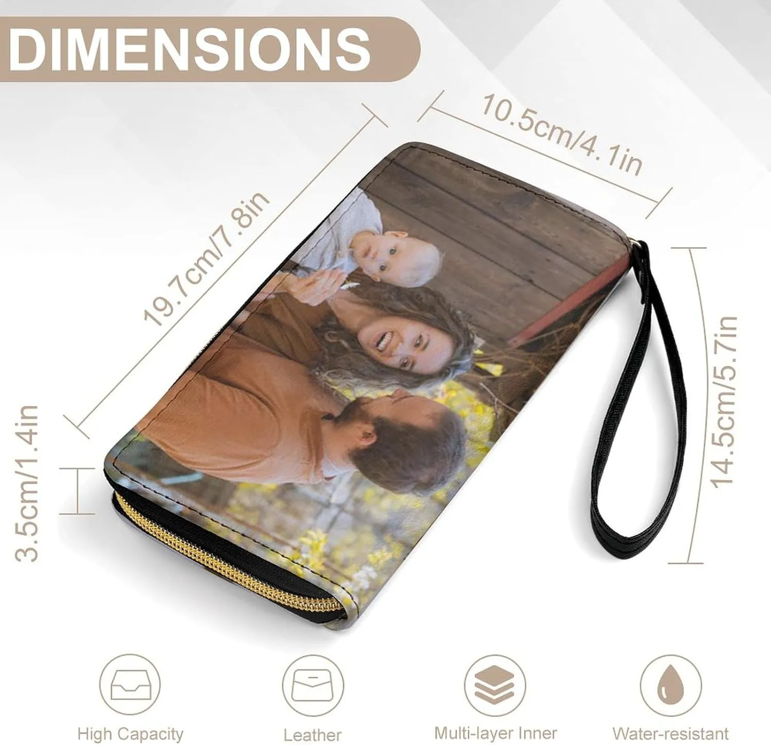Custom Leather Wallets for Women with Picture Personalized Photo PU Wallets Cell Phone Credit Card Cash Holder Zipper Clutch Purse with Wrist Strap for Travel Shopping