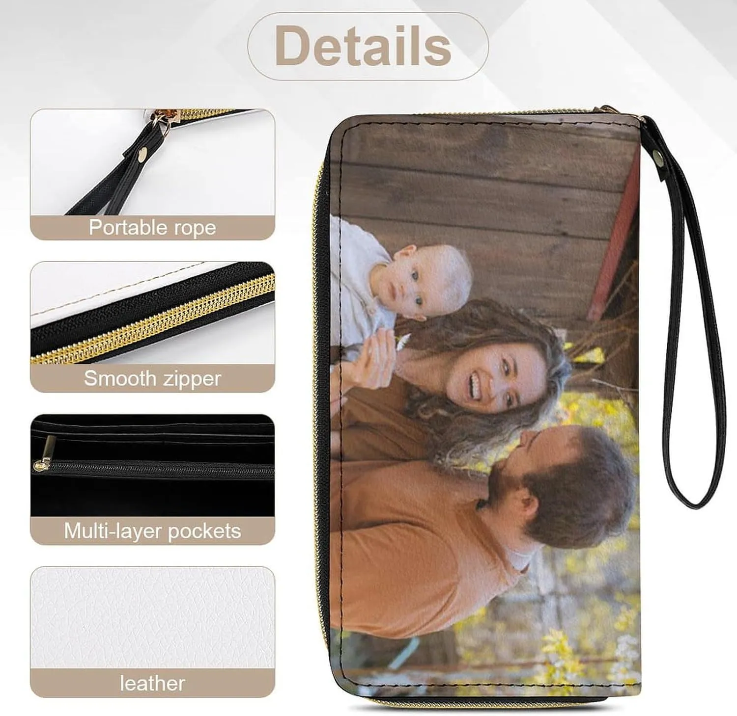 Custom Leather Wallets for Women with Picture Personalized Photo PU Wallets Cell Phone Credit Card Cash Holder Zipper Clutch Purse with Wrist Strap for Travel Shopping
