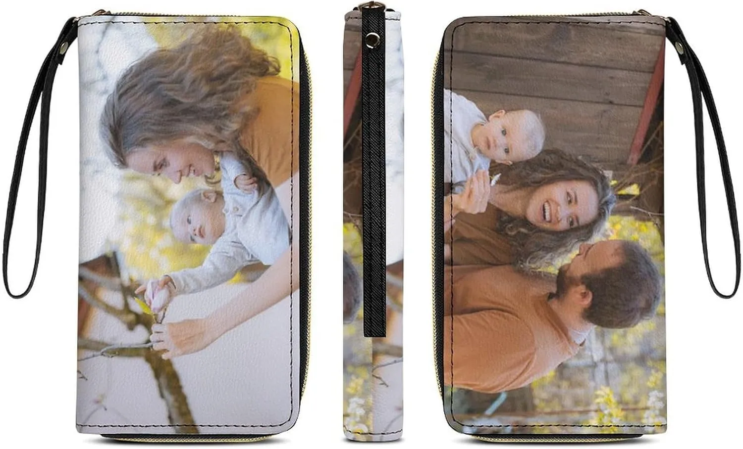 Custom Leather Wallets for Women with Picture Personalized Photo PU Wallets Cell Phone Credit Card Cash Holder Zipper Clutch Purse with Wrist Strap for Travel Shopping