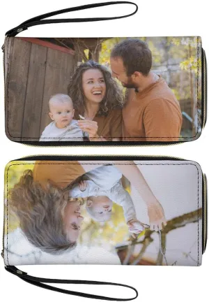 Custom Leather Wallets for Women with Picture Personalized Photo PU Wallets Cell Phone Credit Card Cash Holder Zipper Clutch Purse with Wrist Strap for Travel Shopping