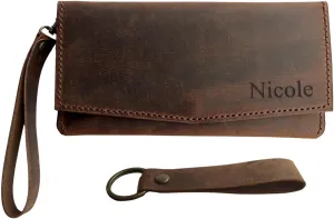 Custom Women Wallet, Genuine Crazy Horse Leather 100% Hand Sewing Purse with Wrist Strap and Keychain, Multi Card Holder Cell Phone Pocket with Gift Box (Brown)