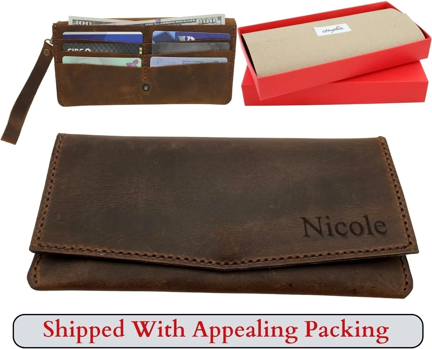 Custom Women Wallet, Genuine Crazy Horse Leather 100% Hand Sewing Purse with Wrist Strap and Keychain, Multi Card Holder Cell Phone Pocket with Gift Box (Brown)