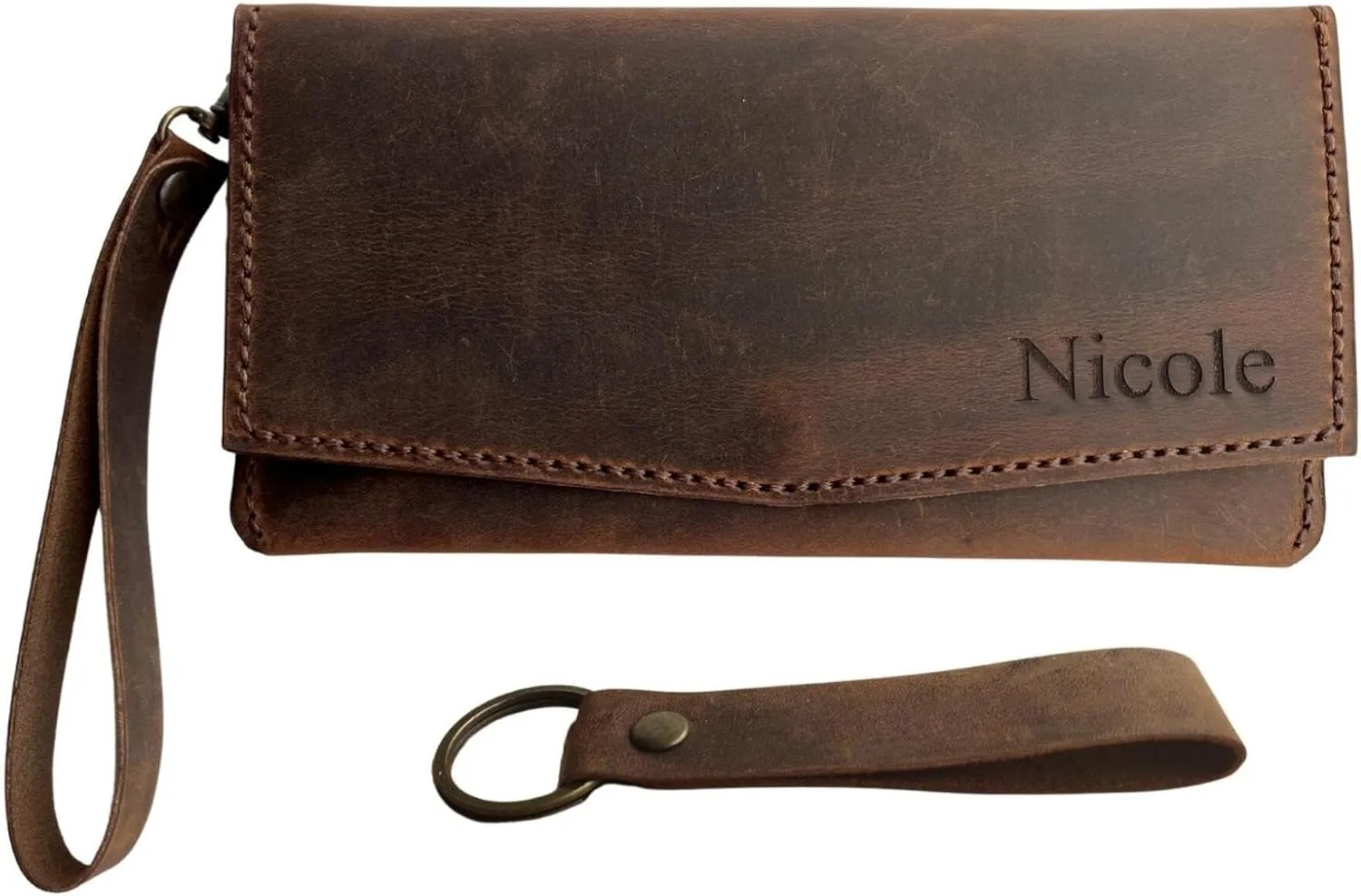 Custom Women Wallet, Genuine Crazy Horse Leather 100% Hand Sewing Purse with Wrist Strap and Keychain, Multi Card Holder Cell Phone Pocket with Gift Box (Brown)