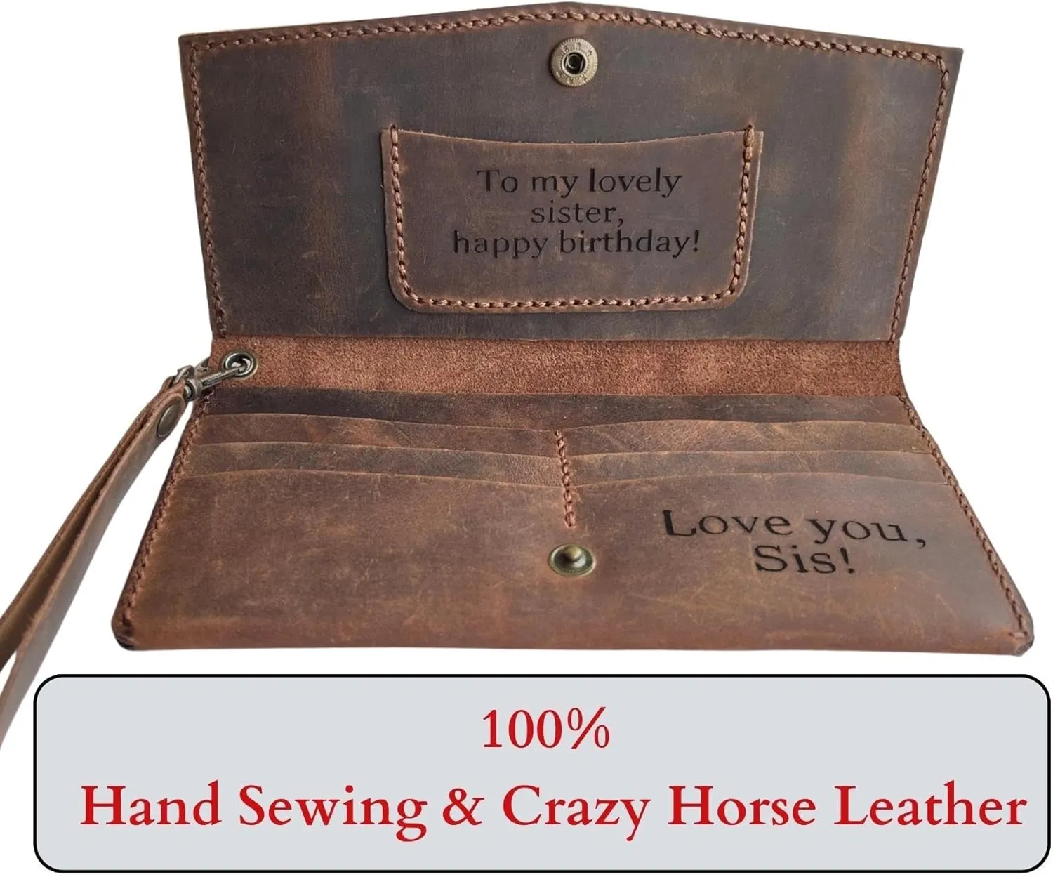 Custom Women Wallet, Genuine Crazy Horse Leather 100% Hand Sewing Purse with Wrist Strap and Keychain, Multi Card Holder Cell Phone Pocket with Gift Box (Brown)