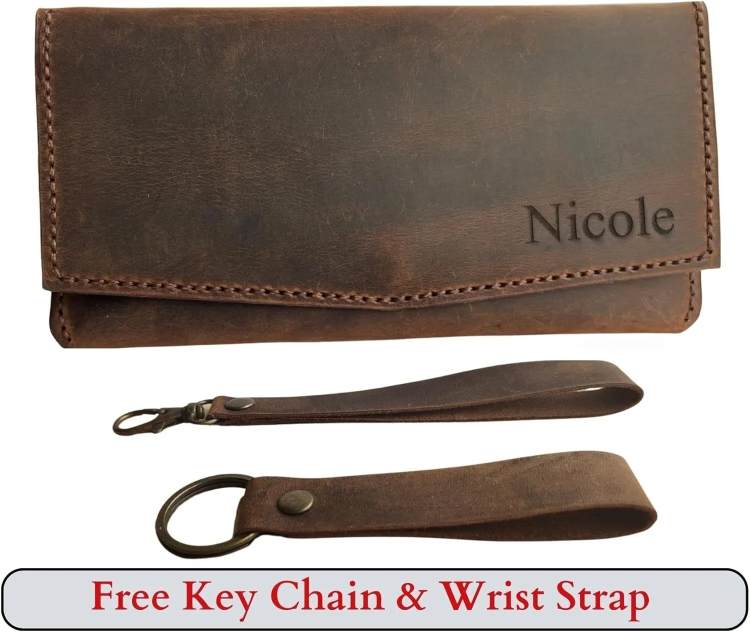 Custom Women Wallet, Genuine Crazy Horse Leather 100% Hand Sewing Purse with Wrist Strap and Keychain, Multi Card Holder Cell Phone Pocket with Gift Box (Brown)