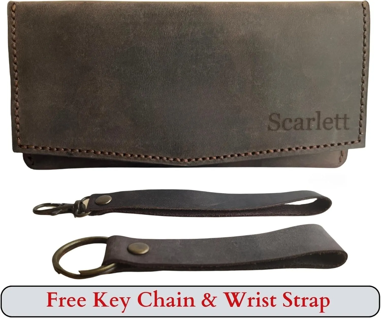 Custom Women Wallet, Genuine Crazy Horse Leather 100% Hand Sewing Purse with Wrist Strap and Keychain, Multi Card Holder Cell Phone Pocket with Gift Box (Dark Brown)