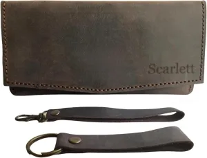 Custom Women Wallet, Genuine Crazy Horse Leather 100% Hand Sewing Purse with Wrist Strap and Keychain, Multi Card Holder Cell Phone Pocket with Gift Box (Dark Brown)