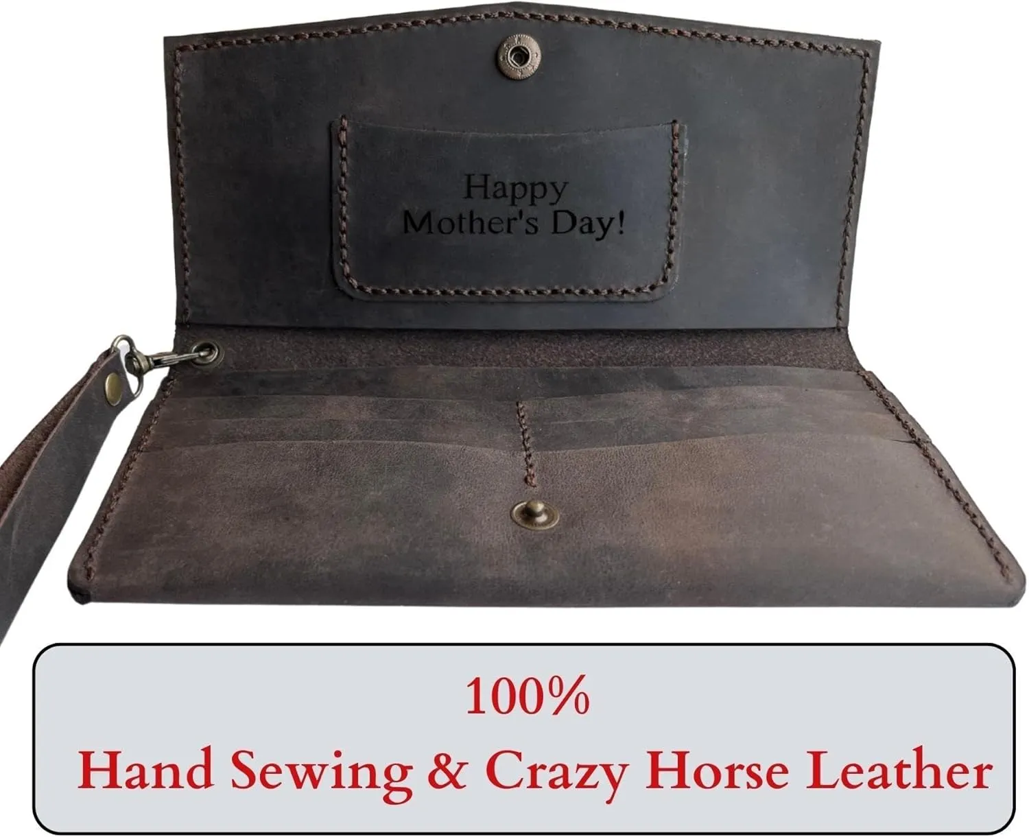 Custom Women Wallet, Genuine Crazy Horse Leather 100% Hand Sewing Purse with Wrist Strap and Keychain, Multi Card Holder Cell Phone Pocket with Gift Box (Dark Brown)