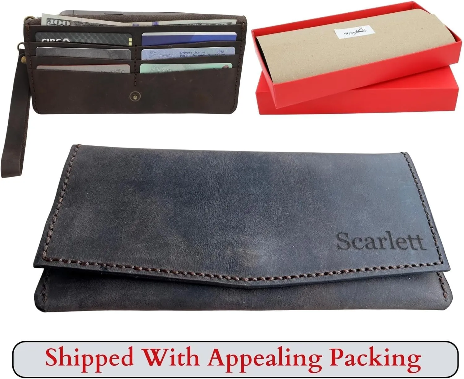 Custom Women Wallet, Genuine Crazy Horse Leather 100% Hand Sewing Purse with Wrist Strap and Keychain, Multi Card Holder Cell Phone Pocket with Gift Box (Dark Brown)