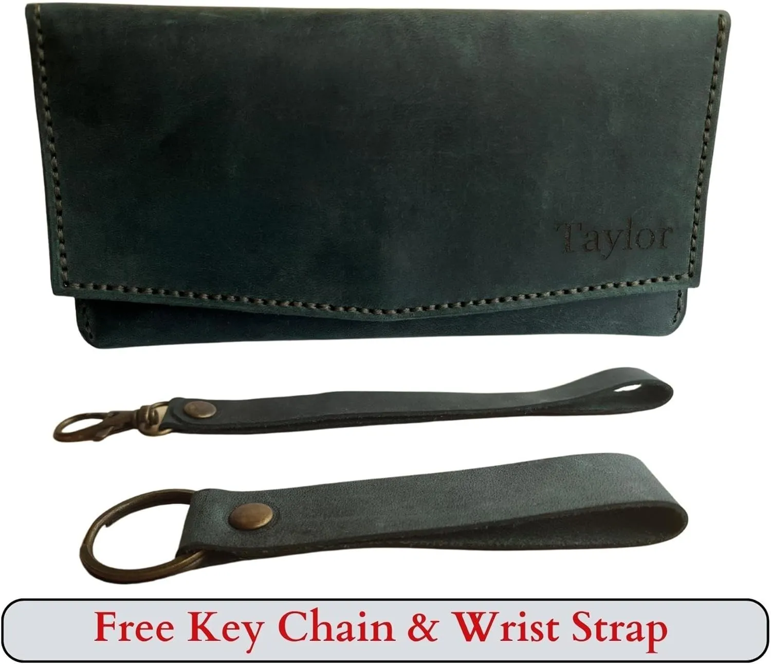 Custom Women Wallet, Genuine Crazy Horse Leather 100% Hand Sewing Purse with Wrist Strap and Keychain, Multi Card Holder Cell Phone Pocket with Gift Box (Green)