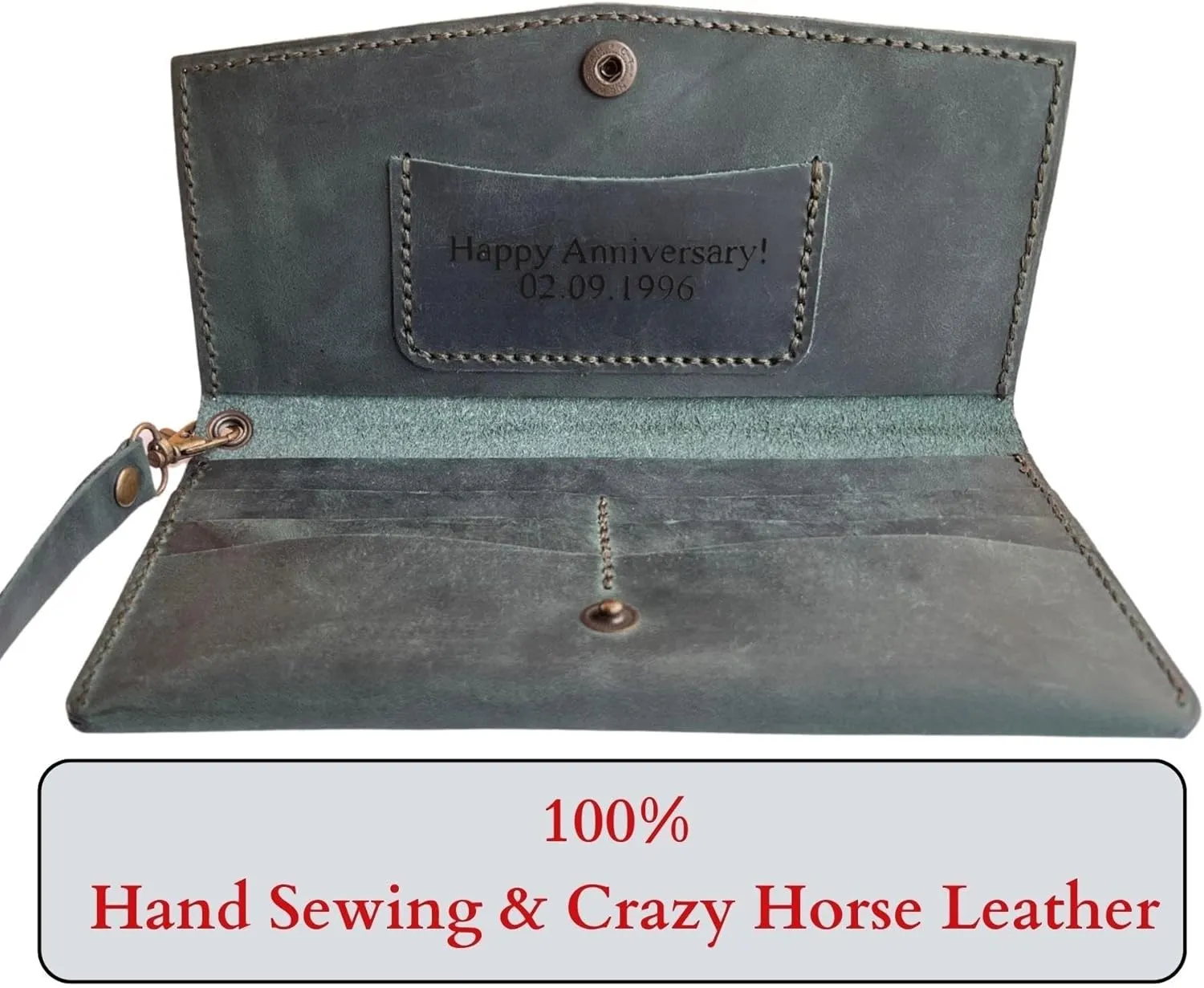 Custom Women Wallet, Genuine Crazy Horse Leather 100% Hand Sewing Purse with Wrist Strap and Keychain, Multi Card Holder Cell Phone Pocket with Gift Box (Green)