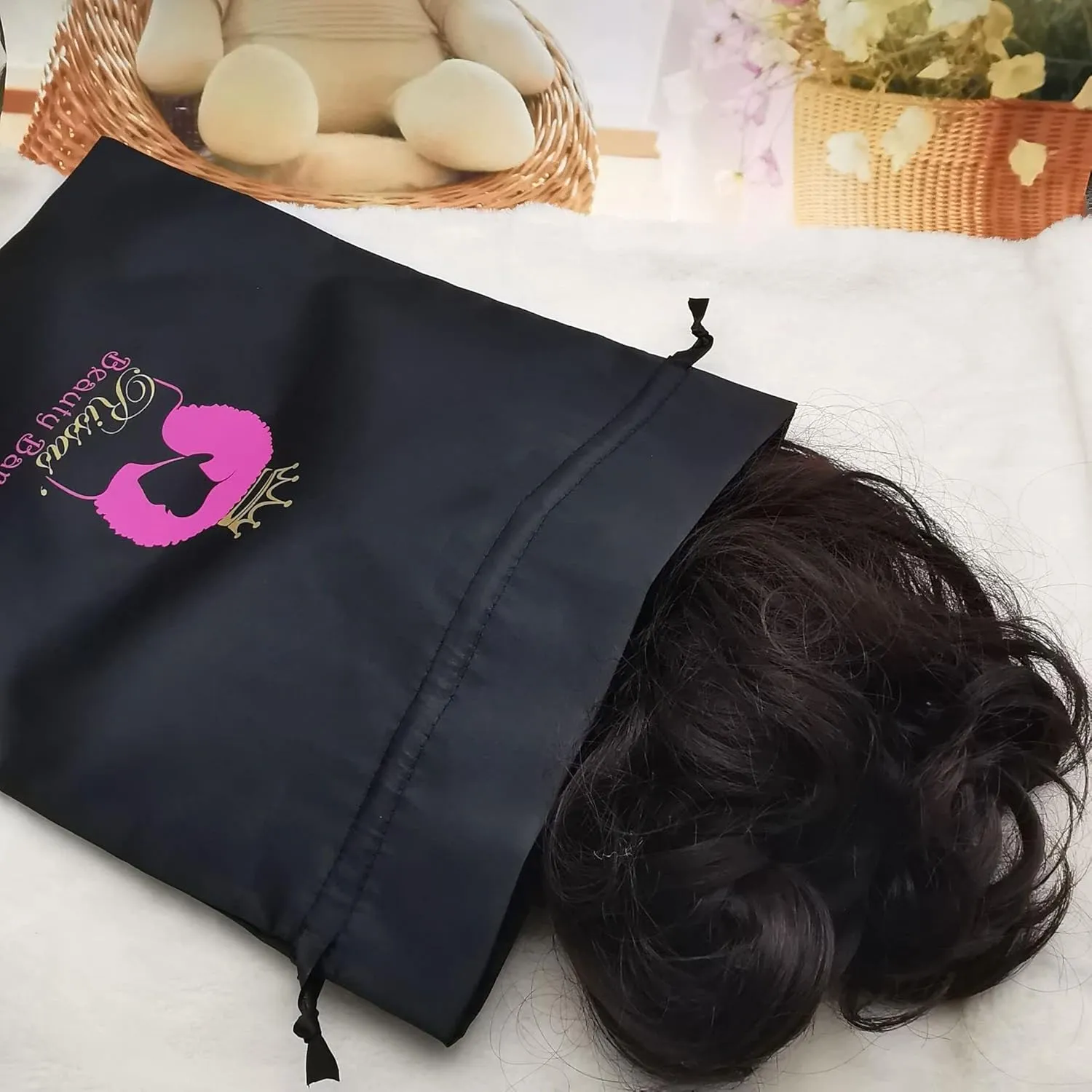 Customize Logo Wig Hair Extension Storage Bags, 20-50PCS Silk Satin Wig Bags With Drawstring Gift Hair Bundles Packaging Bag (Pack of 50, White)