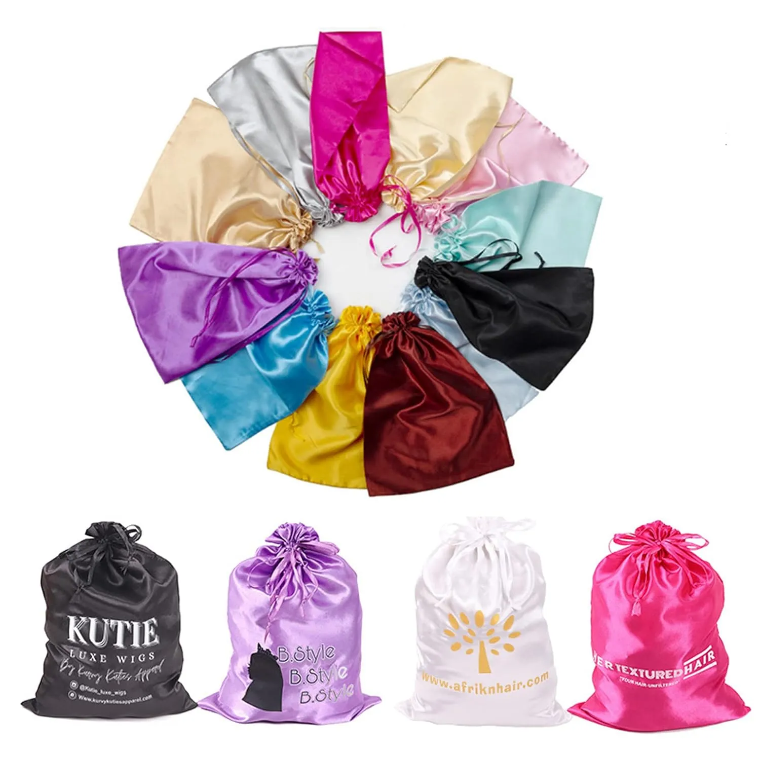 Customize Logo Wig Hair Extension Storage Bags, 20-50PCS Silk Satin Wig Bags With Drawstring Gift Hair Bundles Packaging Bag (Pack of 50, White)