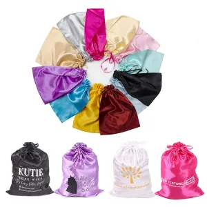 Customize Logo Wig Hair Extension Storage Bags, 20-50PCS Silk Satin Wig Bags With Drawstring Gift Hair Bundles Packaging Bag (Pack of 50, White)