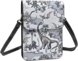 Cute Dinosaur Trees Volcano White Crossbody Cell Phone Purse for Womens Lightweight Small Soft Leather Fashion Travel Wallet with Adjustable Strap