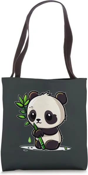 Cute Kawaii unhappy panda holding bamboo shoot Tote Bag