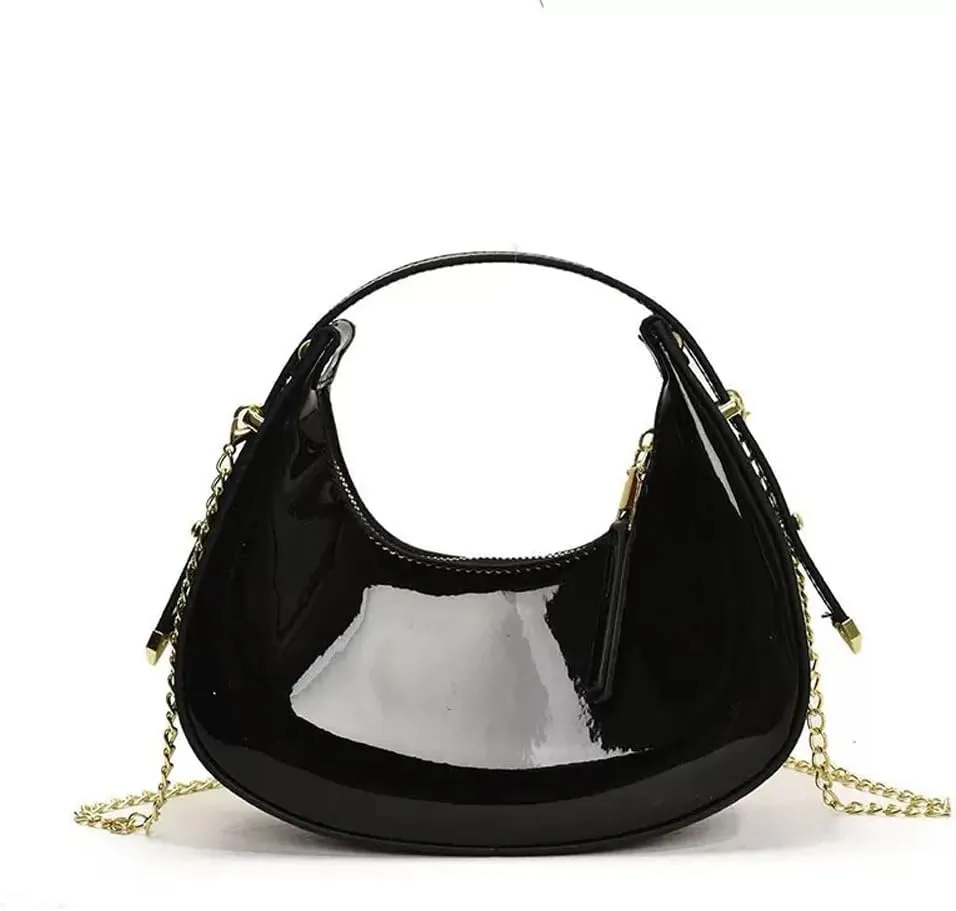 Cute Metallic Purses for Women Stylish Crescent Shoulder Bag Small Gold Crossbody Purse Patent Underarm Moon Bag