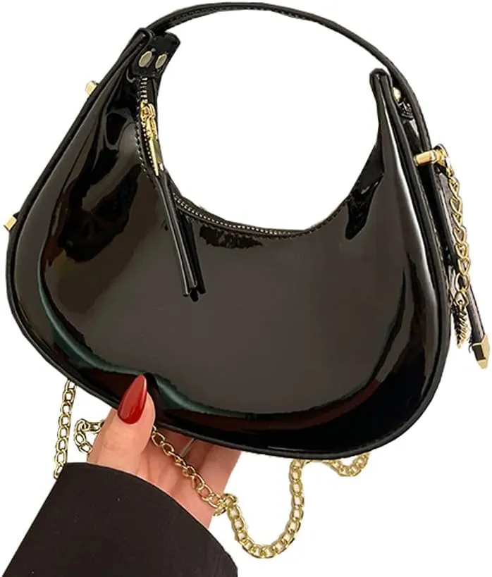 Cute Metallic Purses for Women Stylish Crescent Shoulder Bag Small Gold Crossbody Purse Patent Underarm Moon Bag