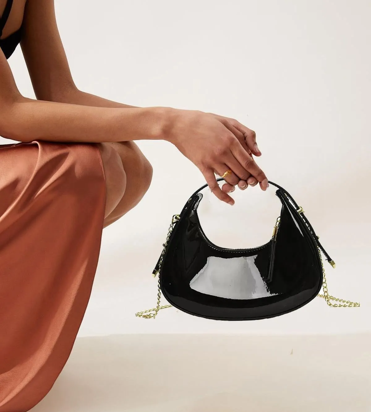 Cute Metallic Purses for Women Stylish Crescent Shoulder Bag Small Gold Crossbody Purse Patent Underarm Moon Bag