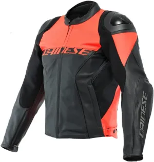 Dainese Racing 4 Mens Perforated Leather Motorcycle Jacket Black/Fluo Red 50 EUR