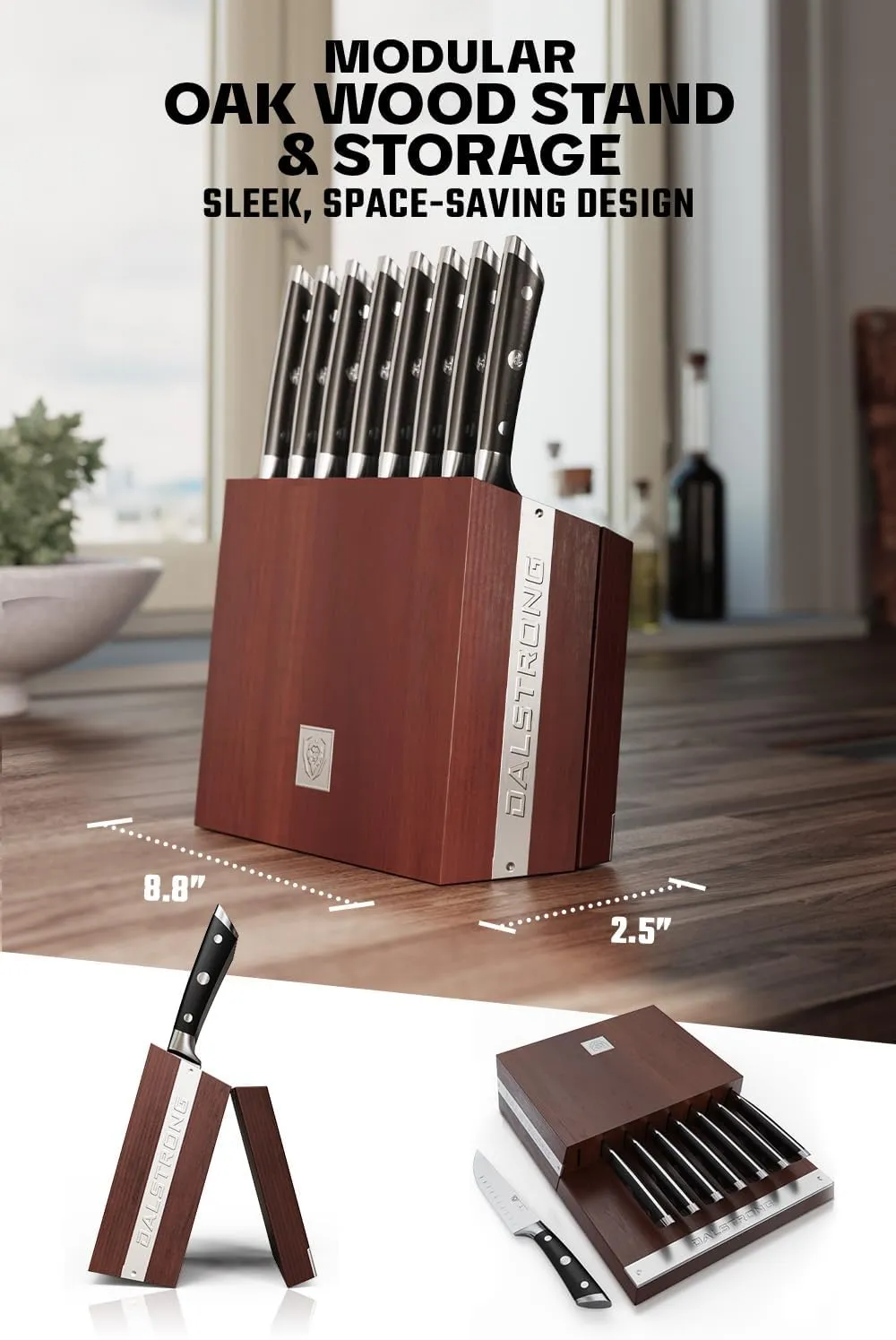 Dalstrong Steak Knife Set - 8 Piece - 5 inch Straight Edge Blade - Gladiator Series Elite - Forged High-Carbon German Steel Dinner Kitchen Knife - Black G10 Handle - Folding Block Set - NSF Certified
