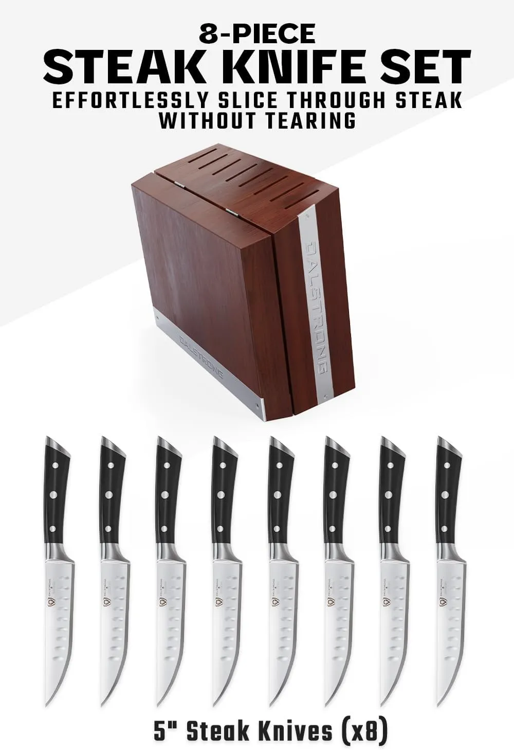 Dalstrong Steak Knife Set - 8 Piece - 5 inch Straight Edge Blade - Gladiator Series Elite - Forged High-Carbon German Steel Dinner Kitchen Knife - Black G10 Handle - Folding Block Set - NSF Certified