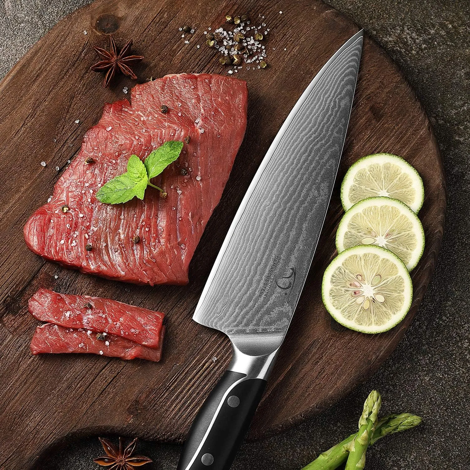 Damascus Kitchen Knife Sets, 9 Pieces Kitchen Knives Set with Block, ABS Ergonomic Handle for Chef Knife Set, Knife Sharpener and Kitchen Shears, Knife Block Set