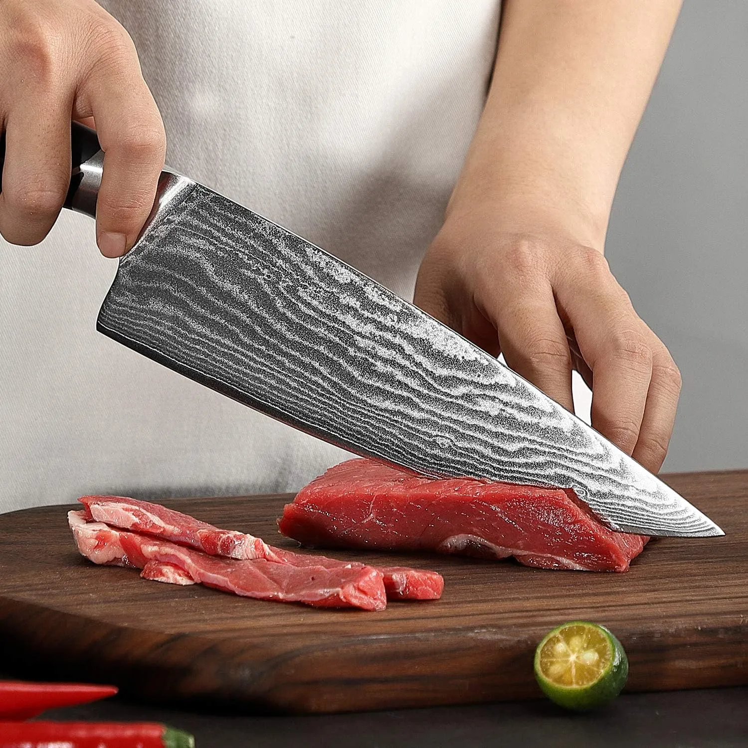 Damascus Kitchen Knife Sets, 9 Pieces Kitchen Knives Set with Block, ABS Ergonomic Handle for Chef Knife Set, Knife Sharpener and Kitchen Shears, Knife Block Set