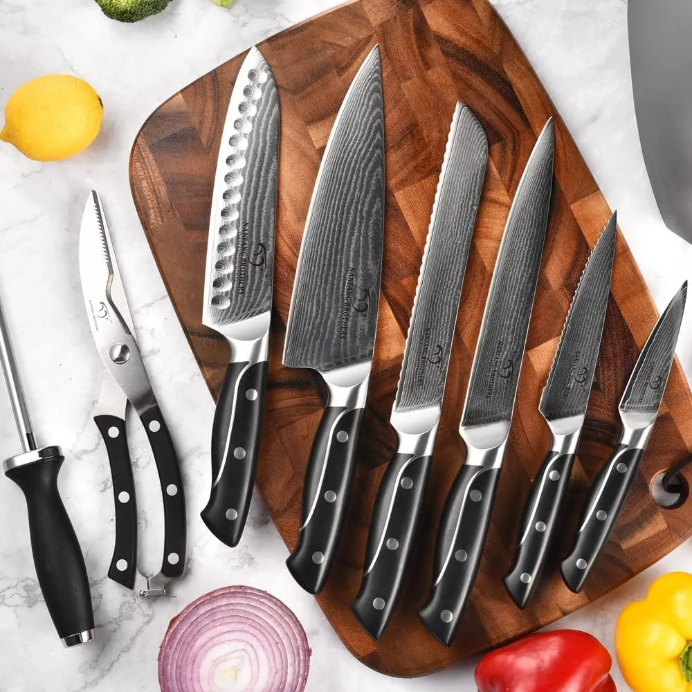 Damascus Kitchen Knife Sets, 9 Pieces Kitchen Knives Set with Block, ABS Ergonomic Handle for Chef Knife Set, Knife Sharpener and Kitchen Shears, Knife Block Set