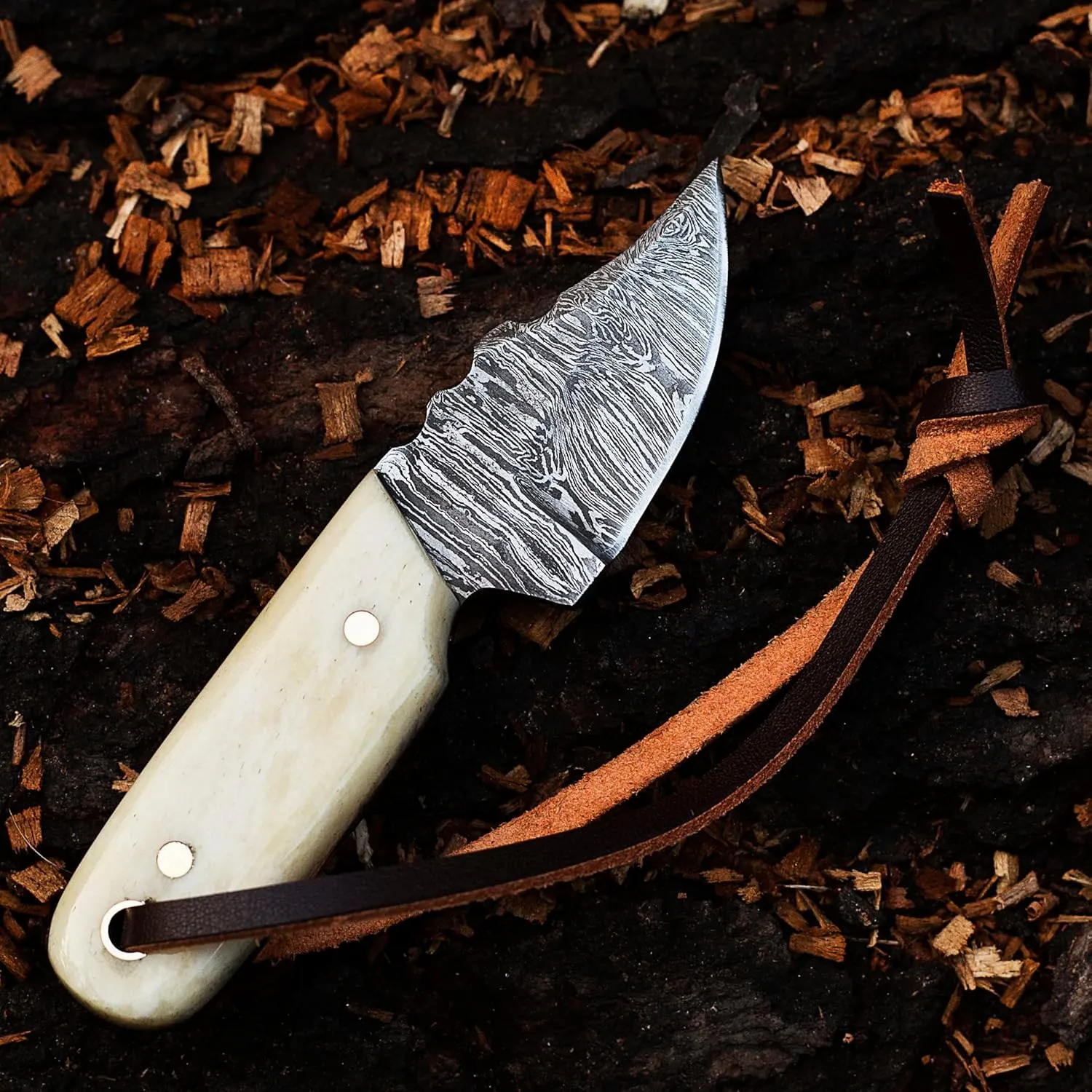 Damascus Steel EDC Knife 4.5inch Fixed Blade Mini for Skinning,Survival,Camping and Outdoor Enthusiasts with Natural Handle Leather Sheath Brand By (BONE HANDLE)
