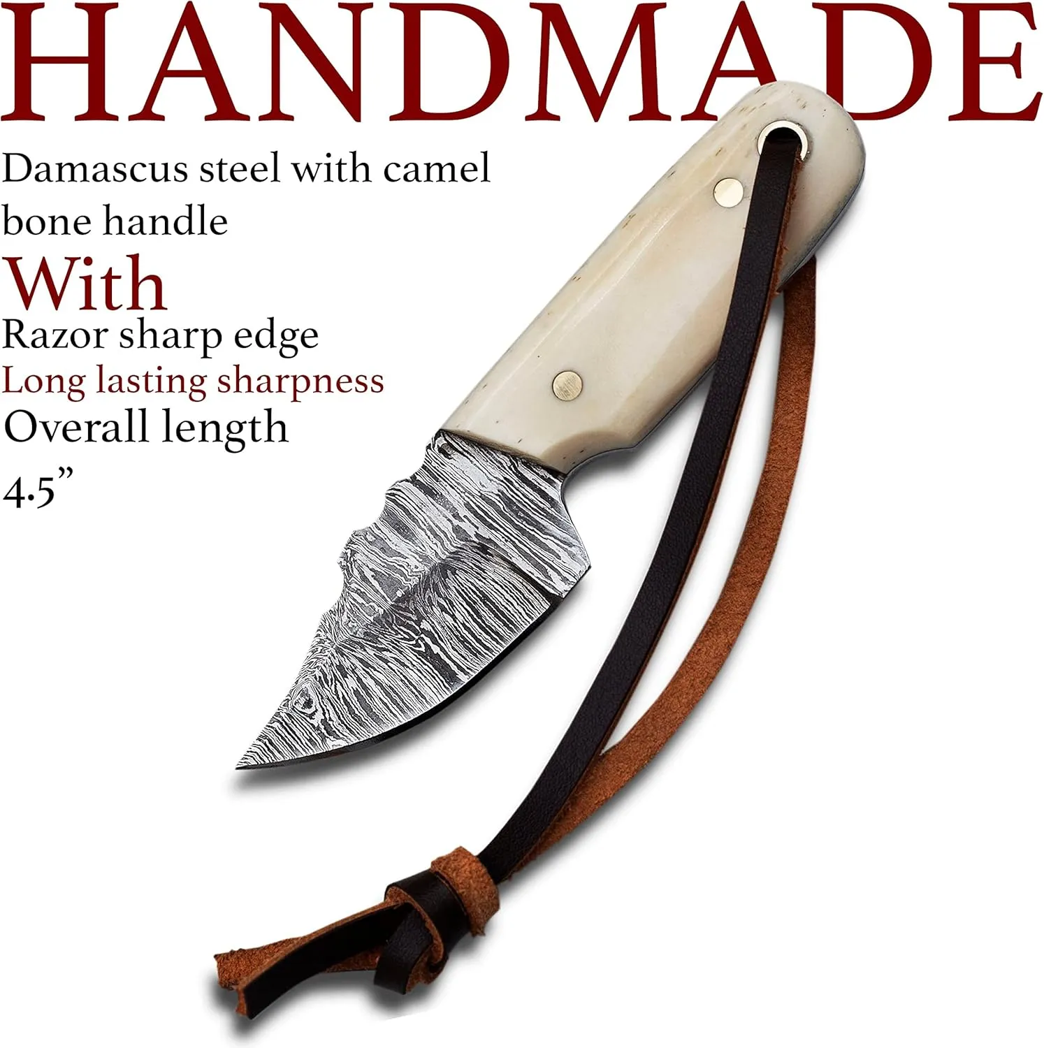 Damascus Steel EDC Knife 4.5inch Fixed Blade Mini for Skinning,Survival,Camping and Outdoor Enthusiasts with Natural Handle Leather Sheath Brand By (BONE HANDLE)
