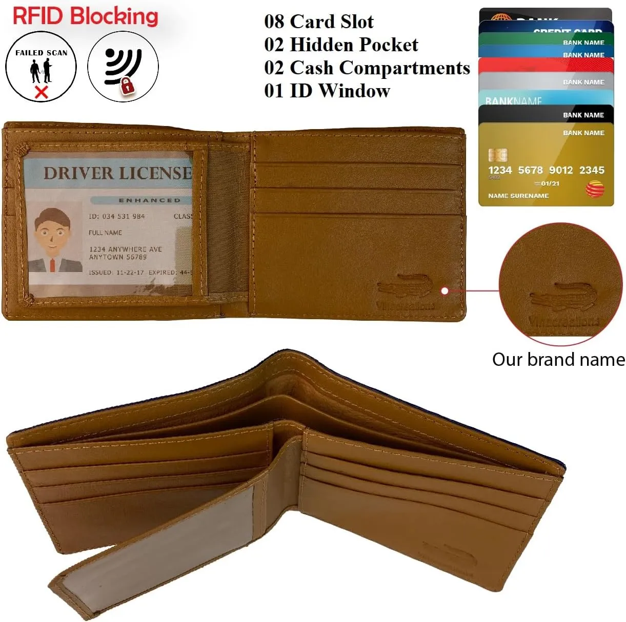 Dark Brown Bifold Leather Wallet Men AIIigator With Flip Out ID Holder Credit Card Holder Premium RFID Blocking Front Pocket Handmade Gift For Birthday Wedding Anniversary Father's Day VINAM-101
