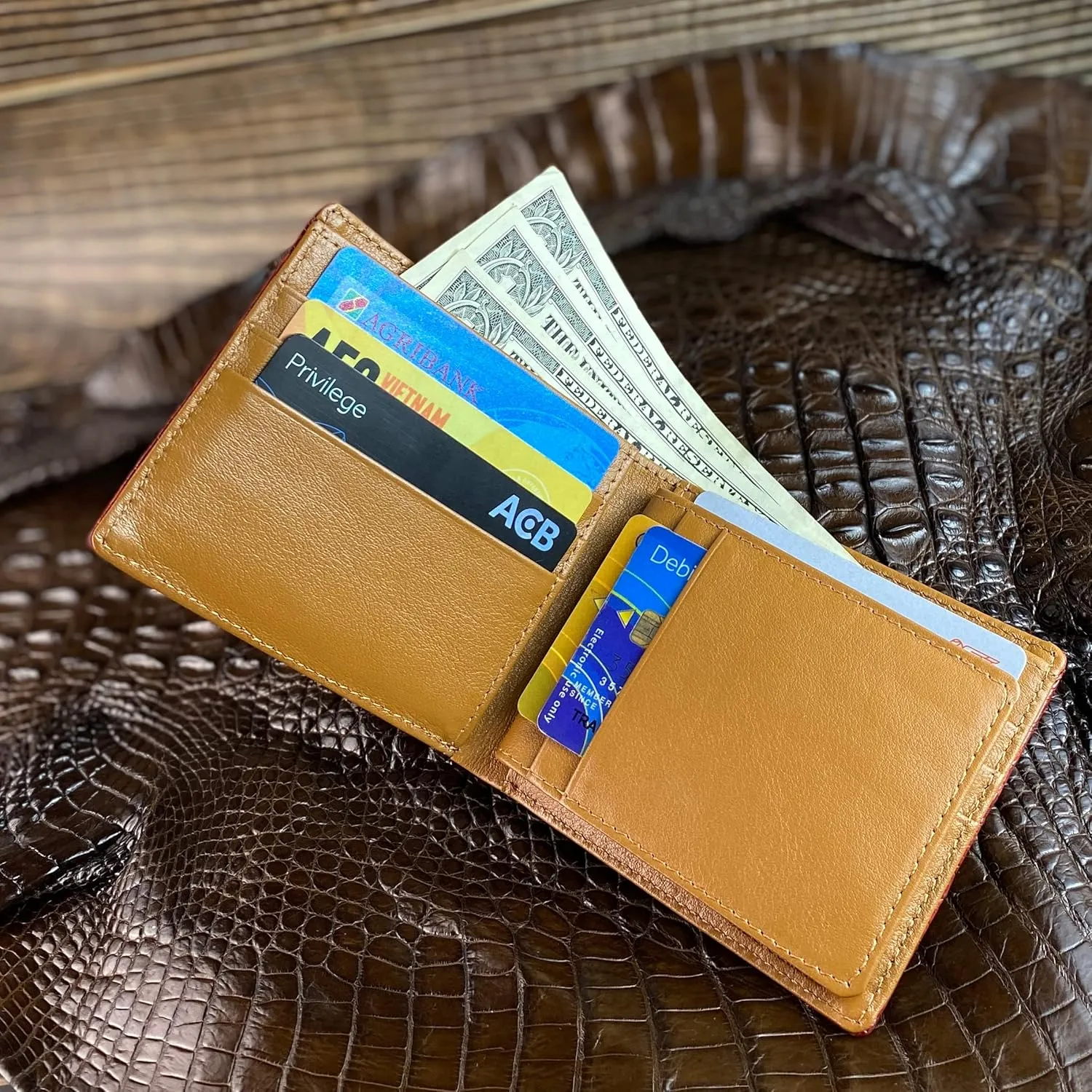 Dark Brown Bifold Leather Wallet Men AIIigator With Flip Out ID Holder Credit Card Holder Premium RFID Blocking Front Pocket Handmade Gift For Birthday Wedding Anniversary Father's Day VINAM-101