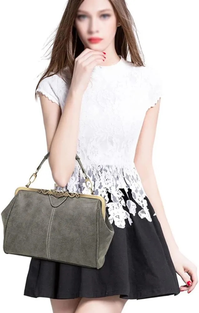Dayfine Women Handbags Frosted Leather Purse Retro Kiss Lock Satchel Handbag Hobo Bag Shoulder Bag Medium Tote Bags Wallets
