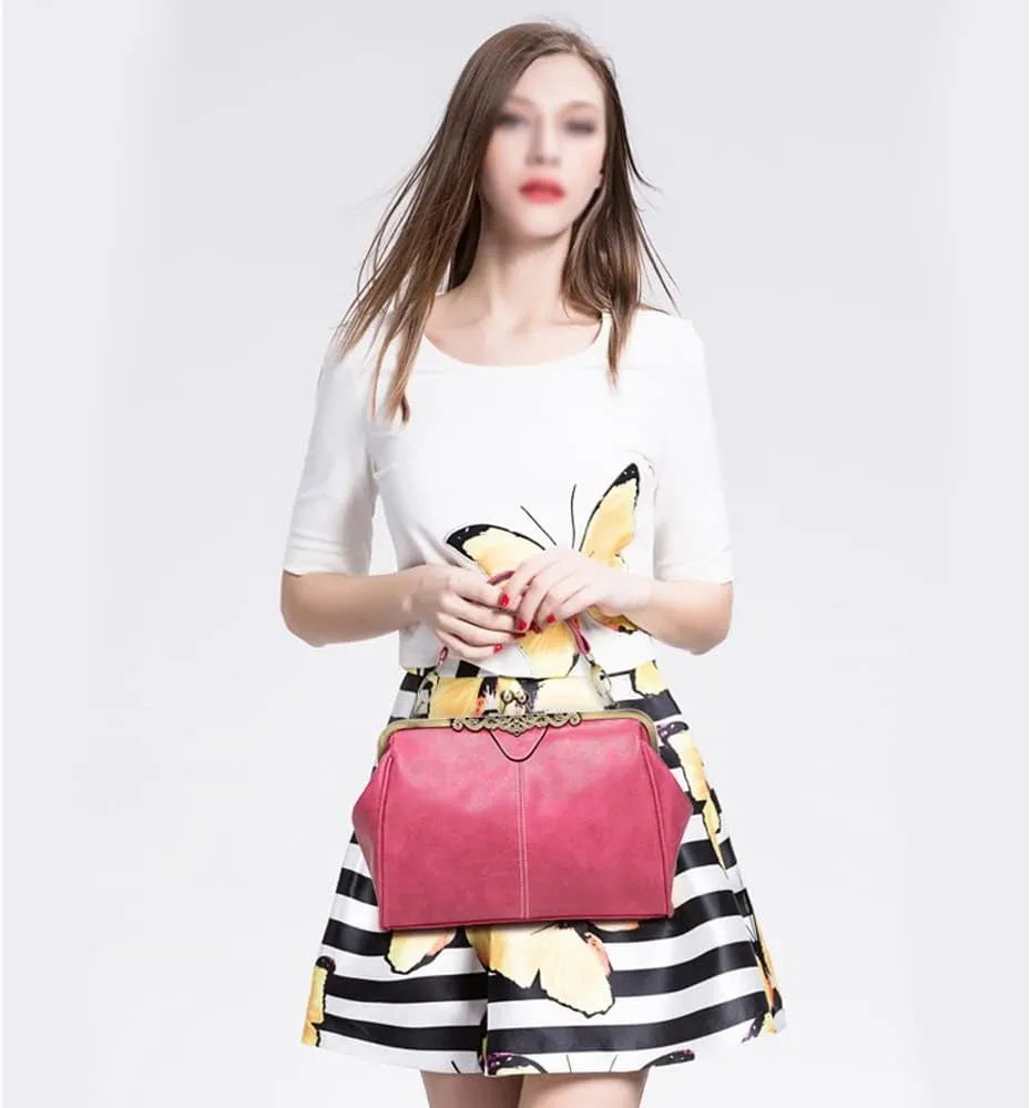 Dayfine Women Handbags Frosted Leather Purse Retro Kiss Lock Satchel Handbag Hobo Bag Shoulder Bag Medium Tote Bags Wallets
