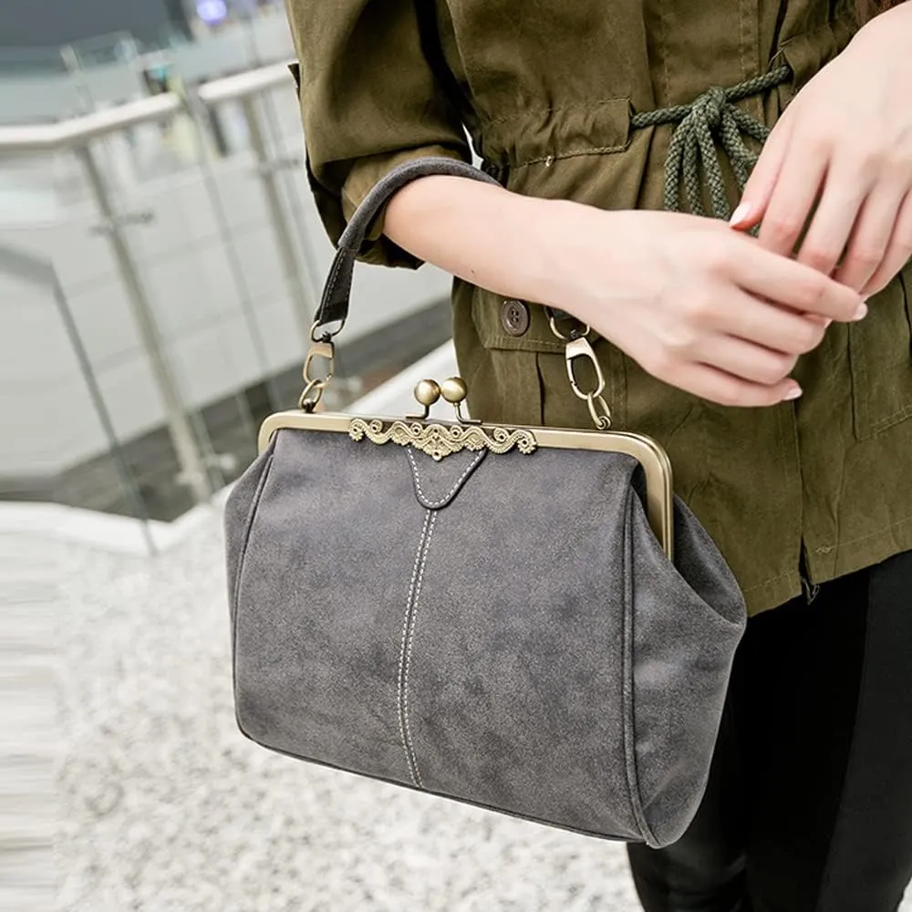Dayfine Women Handbags Frosted Leather Purse Retro Kiss Lock Satchel Handbag Hobo Bag Shoulder Bag Medium Tote Bags Wallets