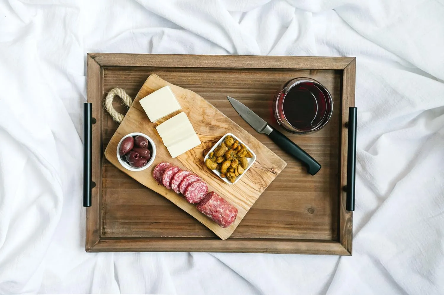Decorative Ottoman Serving Tray Wooden Rustic (Set of 2), Acacia Brown | Black Sleek Metal Handles | 4 Matching Coasters | Coffee Table Decor | Serving Kitchen Platter (Brown)