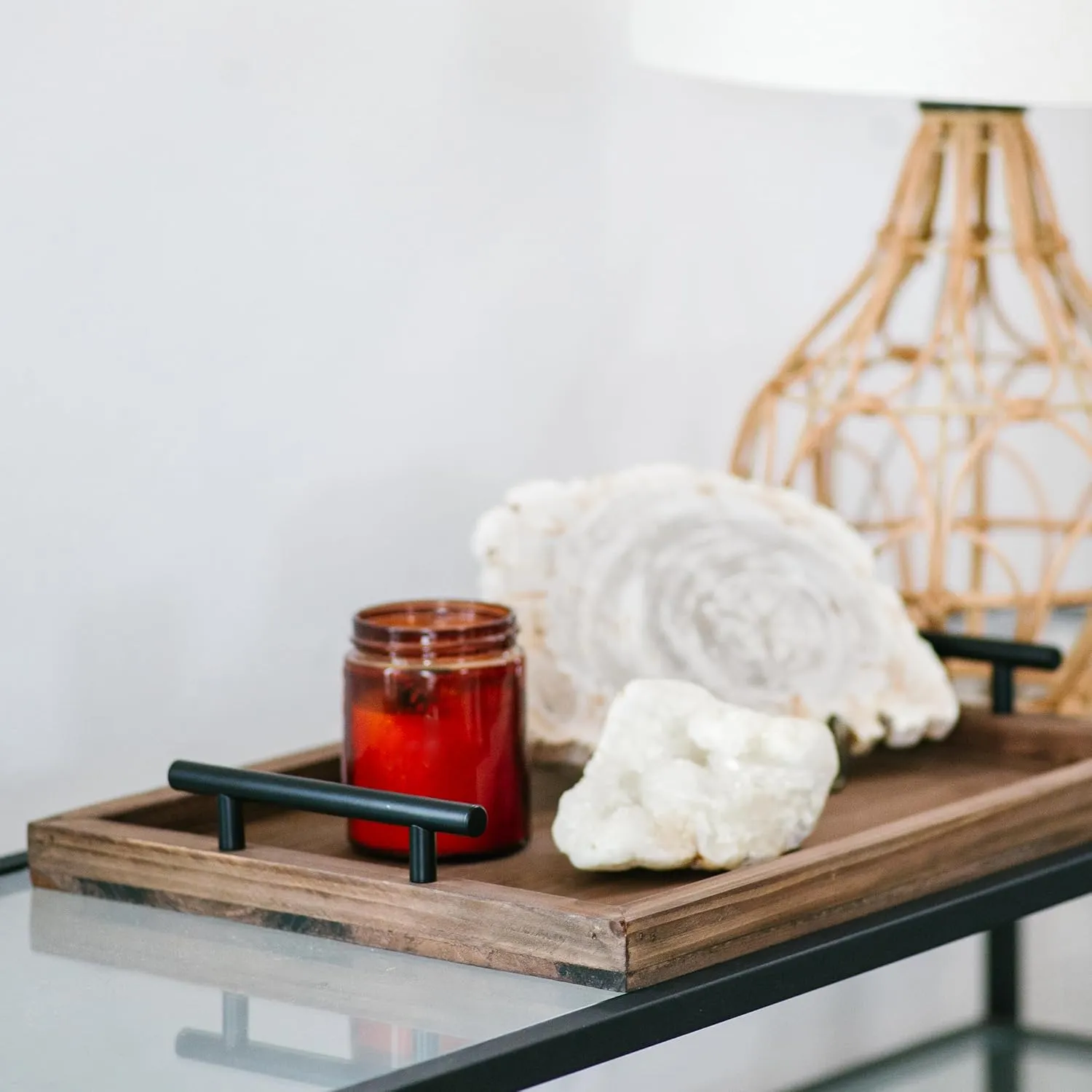 Decorative Ottoman Serving Tray Wooden Rustic (Set of 2), Acacia Brown | Black Sleek Metal Handles | 4 Matching Coasters | Coffee Table Decor | Serving Kitchen Platter (Brown)