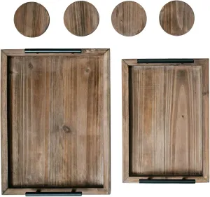 Decorative Ottoman Serving Tray Wooden Rustic (Set of 2), Acacia Brown | Black Sleek Metal Handles | 4 Matching Coasters | Coffee Table Decor | Serving Kitchen Platter (Brown)