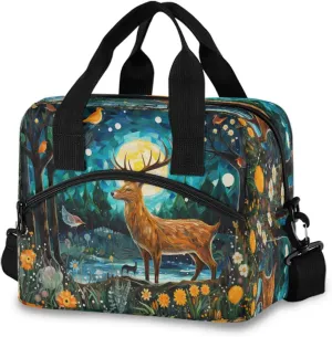 Deer Birds Small Flowers Forest Landscape Lunch Box for Men Women Adults Insulated Lunch Bag Cooler Bag with Adjustable Shoulder Strap for Work Picnic Travel